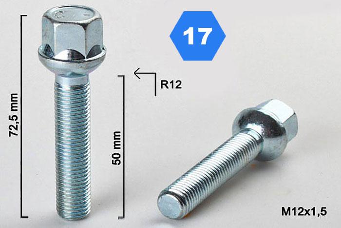 M12x1,5, Radius 12, Wielbout radius, Draadlengte 50mm, SW 17